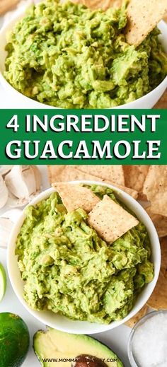 guacamole in a bowl with tortilla chips and avocado