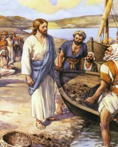 jesus walking on the beach with his boat and other people around him as he walks