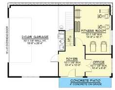 the first floor plan for a garage with an attached living room and office space on one side