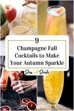 Collage of 4 champagne fall cocktails. Champagne Drink Ideas, Easy Champagne Drinks, Fun Champagne Drinks, Thanksgiving Prosecco Cocktails, Thanksgiving Prosecco Drinks, Fancy Fall Cocktails, Fall Champagne Drinks, Fall Drinks With Champagne, Fall Prosecco Drinks