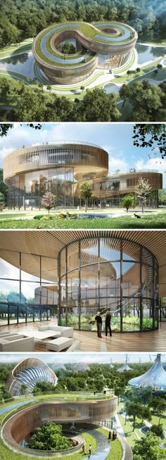 three different views of a circular building in the middle of trees and people walking around