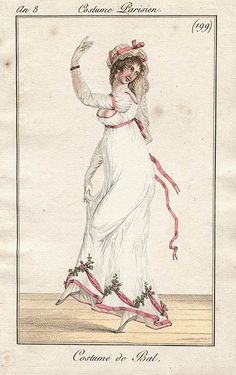 1802 Costume de Bal. Fashion Plate. Regency Headdress, Pink Streamers, 1800s Clothing, Empire Fashion, French Costume, Pink Sash