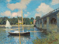 a painting of a sailboat on the water with a bridge in the back ground