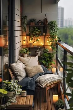 the balcony is decorated with plants and lights