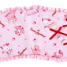 a pink baby blanket with hello kitty on it's side and red ribbon around the edge