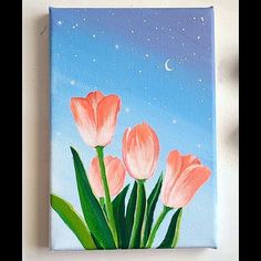 an acrylic painting of pink tulips in front of a blue sky