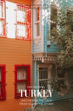 an image of a house with red shutters on the front and side windows that say, discovering turkey uncovered by the calm from within the storm