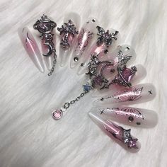 These are handmade press on's created by me!  What's included?  - 10 nails  - nail glue - file - cuticle pusher - instructions Nail Shape in the photo: Long Stiletto How to figure out your nail sizes? Watch this quick tutorial: https://youtu.be/qLeTBvGe_hI Nails are made to order so you can pick any length, size, and shape. Please know that order processing time is 5-7 business days because the nails need to be made and personalized to your preference.  They can last 1-3 weeks depending on how w Press On Acrylic Nails Etsy, Pink And Silver Chrome Nails, Y2k New Jeans, Pink Goth Nails, 2k Nails, Pink And Silver Nails, Nails With Silver, Long Stiletto