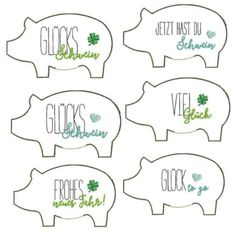 four pig shaped cut outs with words on them