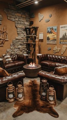 a living room filled with lots of brown furniture