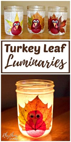 three mason jars with turkey leaf luminaries painted on them and the words turkey leaf lu