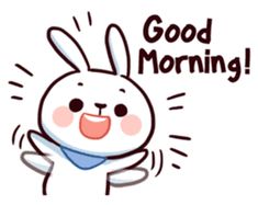 a cartoon bunny with the words good morning on it's chest and arms in the air