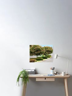 a desk with a plant on it next to a white wall