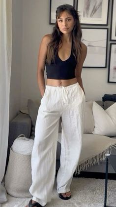 Linen Pants Outfit Summer, Flowy Pants Outfit, White Linen Pants Outfit, Campus 00, 00s Style, Aesthetic Baby, Black Linen Pants, Summer Pants Outfits