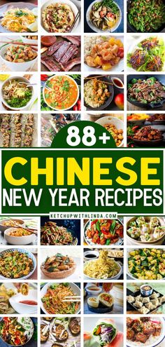 the cover of 98 + chinese new year's recipes, with pictures of different dishes