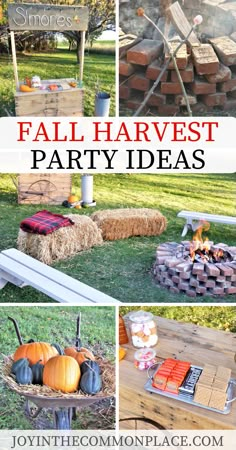 fall harvest party ideas with hay bales and pumpkins on the ground, in front of