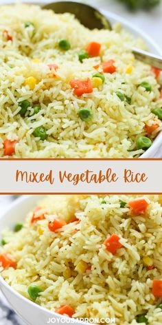 two pictures of mixed vegetable rice in a white bowl