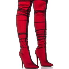 This Season’s “It Shoe” Is The Azalea Wang Transparent Illusions " Red Tulle Covered Boot. The Iconic Thigh High Boot Gets A Modern Upgrade With A Tulle Mesh Overlay, A Stretch Textile Base, And A Pointed Toe Silhouette. Complete With An Elasticated Shaft For A Secure Fit, A Pull-On Fit And A Slim Stiletto Heel. Style With Your Best Little Black Dress For A Stunning Look. - Textile Upper - Thigh High Shaft - Stiletto Heel - Pointed Toe - 21” Shaft Height - 5” Heel Height - 10” Calf Circumference Winter Party Heels With Red Sole, Fitted High Heel Boots With Red Sole, Fitted Red Heels For Winter, Red Party Boots With Red Sole, Elegant Spring Boots With Red Sole, Glamorous Red Boots For Night Out, Red Sole Heels For Night Out In Fall, Spring Boots With Red Sole And Fitted Design, Fitted Boots With Red Sole For Spring