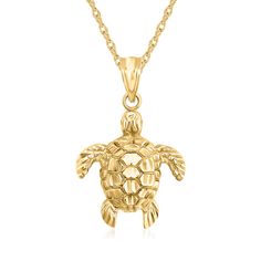 Ross-Simons - 14kt Yellow Gold Turtle Pendant Necklace. 18". A favorite animal among ocean lovers, turtles also represent wisdom and spirituality in many cultures. Embrace these sentiments with our stylish 14kt yellow gold turtle pendant necklace. Rope chain with a 2" extender. Springring clasp, 14kt yellow gold turtle pendant necklace. Gold Turtle Necklace, Dr Accessories, Fantasy Jewellery, Necklace Rope, Ocean Necklace, Crochet Frog, Animal Pendant, Ocean Jewelry, Turtle Necklace