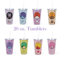 20oz tumblers with different designs on them and straws in the bottom row