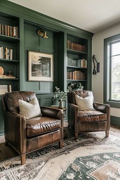 #house decor #kitchen ideas #house ideas #homes #houses #home ideas #dream house decor #apartment decorating #design your dream house #small living room ideas Dark Office Library, Entry Room Ideas Large, Cnc Cabinet, Green Study, Green Living Room, Wood Personalized, Leather Chairs