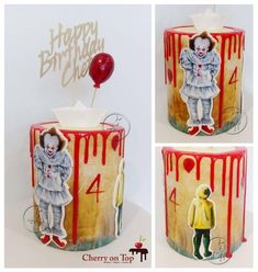 the birthday cake is decorated with an image of a clown