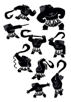 some black and white drawings of elephants with different poses on their backs, arms and legs