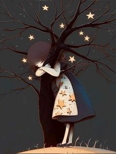 a painting of a girl hugging a tree with stars on it