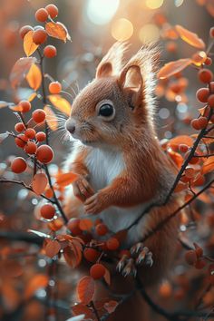 a squirrel sitting on top of a tree filled with berries