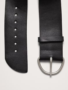 We designed this leather belt with a high-shine, statement-making buckle and an asymmetrical design at the end for sculptural effect.  Designed to be worn at the waist.  Designed to be worn at the waist.  Width: 4" XXS: 25-29" XS: 27-31" S: 29-33" M: 31-35" L: 34-38" XL: 38-42" XXL: 42-46" Leather Waist Belt, Belt Black, Asymmetrical Design, Black Belt, Waist Belt, Leather Belt, Banana Republic, The End, Buckle