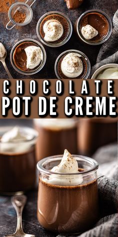 chocolate pots de creme with whipped cream on top