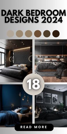 the dark bedroom designs are shown in three different styles and colors, including black and white