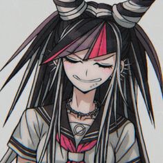 an anime character with long hair and horns on her head