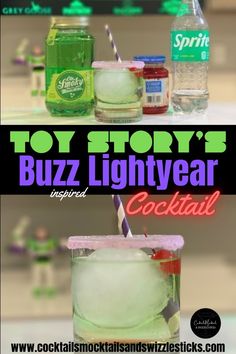 This image shows a cocktail with a purple sanding sugar rim, purple stripped straw, cherrt and a light green hue to it. Two Infinity And Beyond Party, Buzz Lightyear Party, Disney Cocktails, Toy Story Buzz Lightyear, Toy Story Buzz, Themed Drinks, Halloween Cocktails, Movie Party, Buzz Lightyear