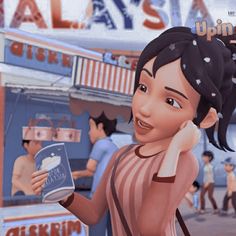 an animated image of a woman holding up a book in front of a food stand