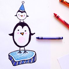 a drawing of a penguin with a party hat on top of it's head