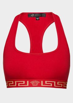 Red Bodysuit Outfit, Red Bras, Versace Sports Bra Outfit, Red Compressive Sports Bra, Versace Tops, Versace T Shirt Woman, Versace Top, Versace Style