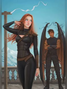 a painting of a man and woman standing next to each other with wings on their shoulders