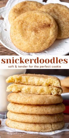 three different images of cookies stacked on top of each other with the words, snickkerdoodles soft & tender for the perfect cookie