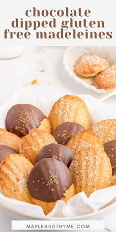 chocolate dipped gluten free madeleines in a white bowl with text overlay