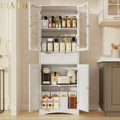 an open cabinet in the middle of a kitchen with spices and condiments on it