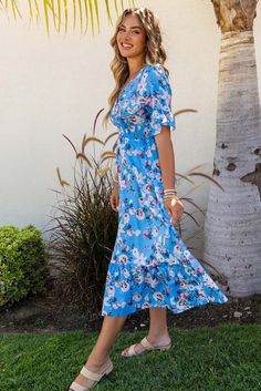 Blue Ruffle Short Sleeve Bohemian Flower Long Dress Blue Floral Dress With Ruffle Hem For Summer, Blue Printed Floral Dress For Garden Party, Blue Summer Floral Dress With Ruffles, Bohemian Floral Dress For Garden Party With Ruffle Hem, Chic Blue Floral Dress With Ruffles, Blue Ruffle Hem Maxi Dress For Garden Party, Blue Ditsy Floral Print Short Sleeve Maxi Dress, Bohemian Floral Ruffled Dress For Brunch, Bohemian Ruffled Floral Dress For Brunch