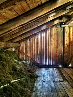 an attic with wood flooring and walls covered in green grass next to wooden beams