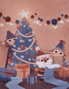 a christmas tree with presents under it and two cartoon characters next to it, all wrapped in blue paper