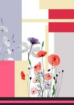 an image of poppies and other flowers on a pink, grey, yellow and white background