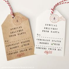 two tags that say special delivery from santa to checklist status, and the price is $ 15