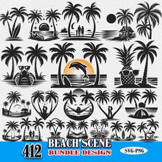 the beach scene bundle includes palm trees, boats and people on the water in silhouettes