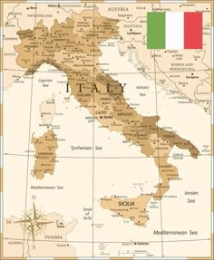 a map of italy with the flag and country name in brown, white and green