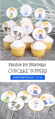 frozen princess cupcake toppers with the title overlay that says frozen diy printable cupcake toppers