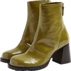 MILO Green Patent Leather Chunky Scoop Toe Boots as part of an outfit Green Boots, Mid Heel Shoes, Leather Western Boots, Toe Boots, Crocodile Leather, Leather Chelsea Boots, Topshop Outfit, Chunky Boots, Platform Boots